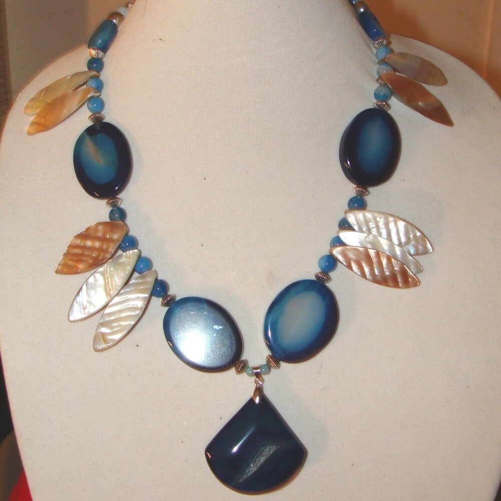 Custom Jewelry, Blue Triangular Polished Stone Pendant and Leaf Shaped Shells